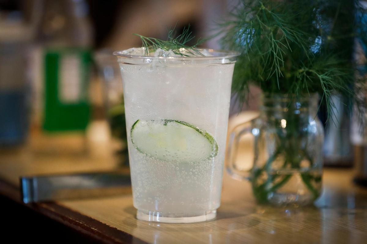 The sparkling idyllic lemonade made orange blossom water, a sliced cucumber and garnished with fresh dill at Broomwagon.