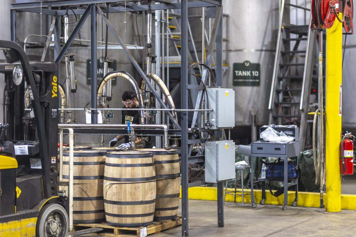 Barrels are filled with whiskey at Green River Distillery in Owensboro, Ky., on Wednesday, Sept. 24, 2025.