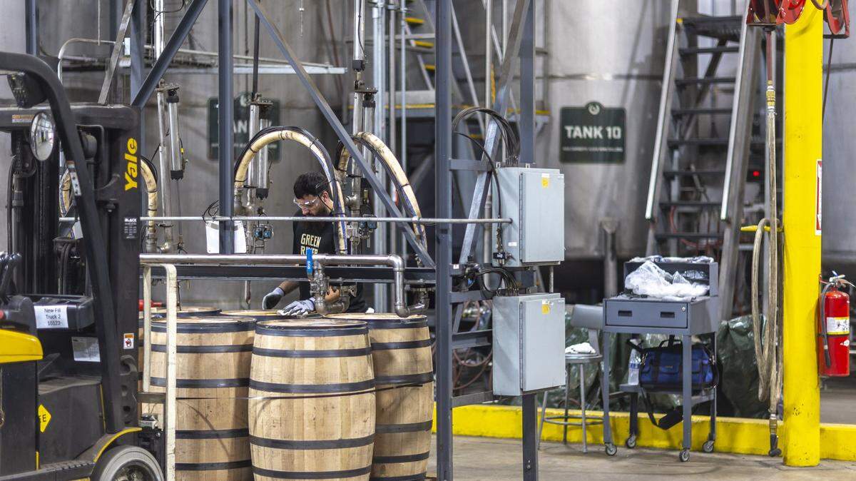 Barrels are filled with whiskey at Green River Distillery in Owensboro, Ky., on Wednesday, Sept. 24, 2025.