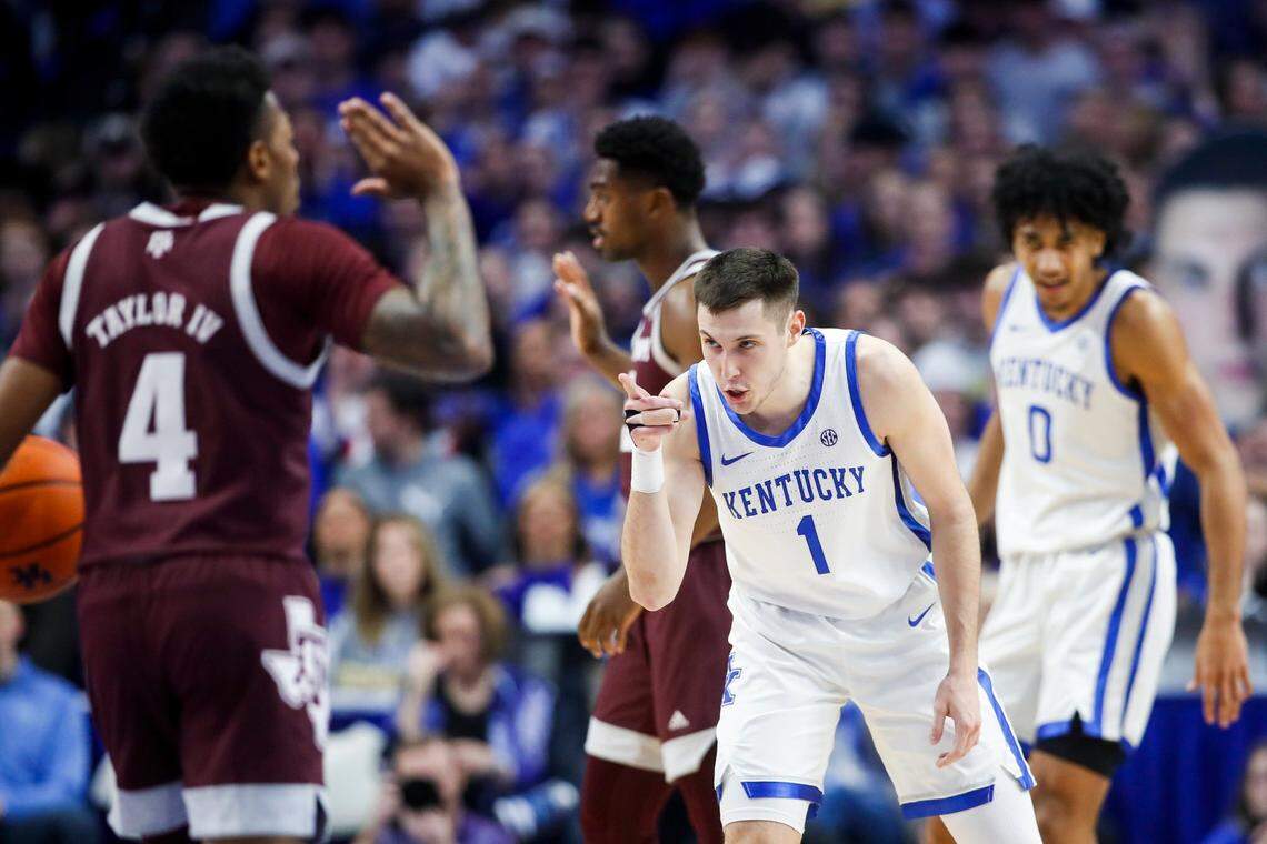 Kentucky Wildcats guard CJ Fredrick (1) points at the Texas A&M Aggies bench after scoring a three-point shot during the game at Rupp Arena in Lexington, Ky., Saturday, January 21, 2023.
