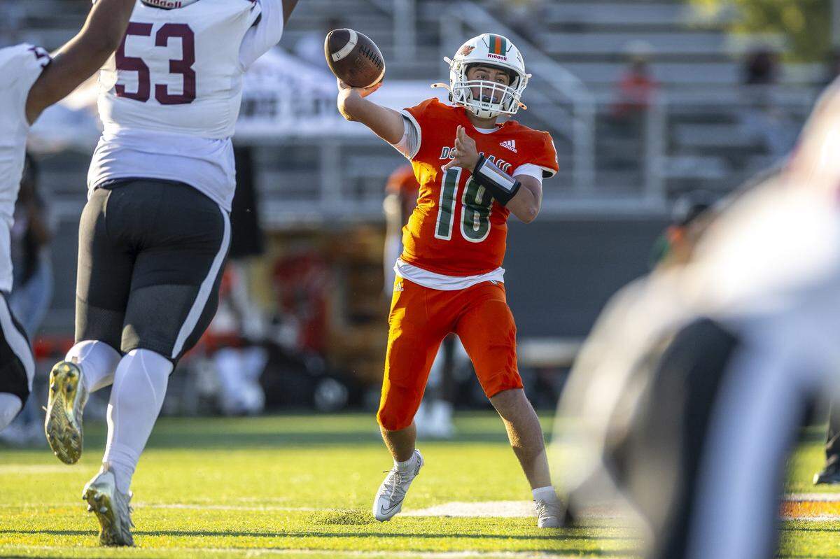 Frederick Douglass' Jayden Guzman (18) looks to pass the ball during a game against Tates Creek in Lexington, Ky., on Friday, Sept. 12, 2025. 