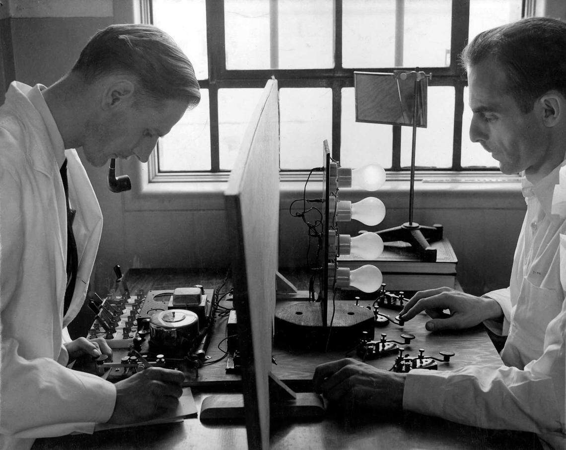 This 1939 photograph shows early research at Narco. The apparatus in the center of the photo was designed to test the mental reactions of those under the influence of morphine. The “patient” on the right is an actor posing for promotional material created by the government to publicize the Narcotic Farm. Photos from a newly published book, “The Narcotic Farm, The Rise and Fall of America’s First Prison for Drug Addicts” by Nancy D. Campbell, JP Olsen and Luke Walden. The book traces the history of “The Narcotic Farm” out Leestown Road near Masterson Station in Lexington, Ky. Photo Credit: Arthur Rothstein, Kentucky Historical Society