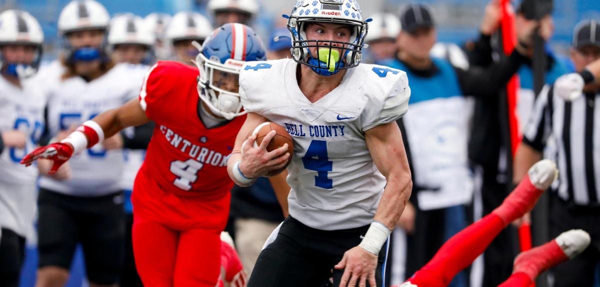 Bell County’s Daniel Thomas (4) who broke Kentucky’s single-season rushing record this season, finished Saturday’s game with 133 yards and a touchdown on 40 carries.