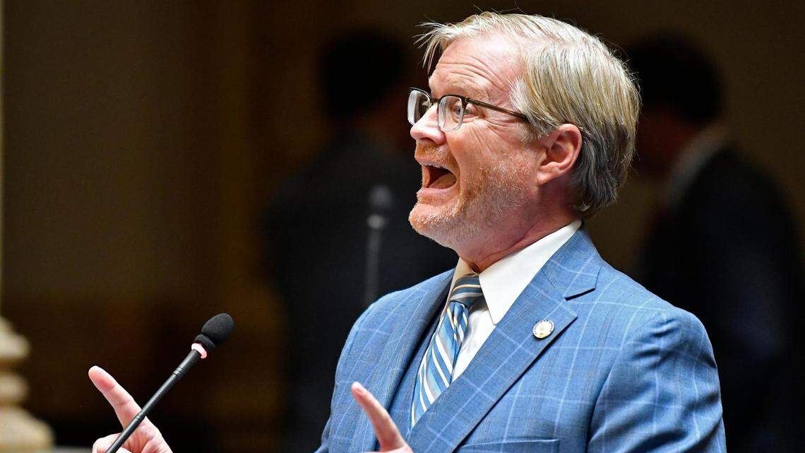 Kentucky Sen. Damon Thayer addresses the his fellow Senate members during the opening day of the Kentucky General Assembly’s special session in Frankfort, Ky., Tuesday, Sept. 7, 2021.