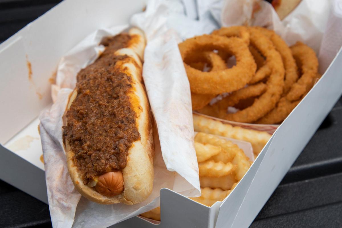 The foot-long hot dog with fries and onion rings from Crabtree Restaurant Inc., better known as the Root Beer Stand, operates in Corbin.