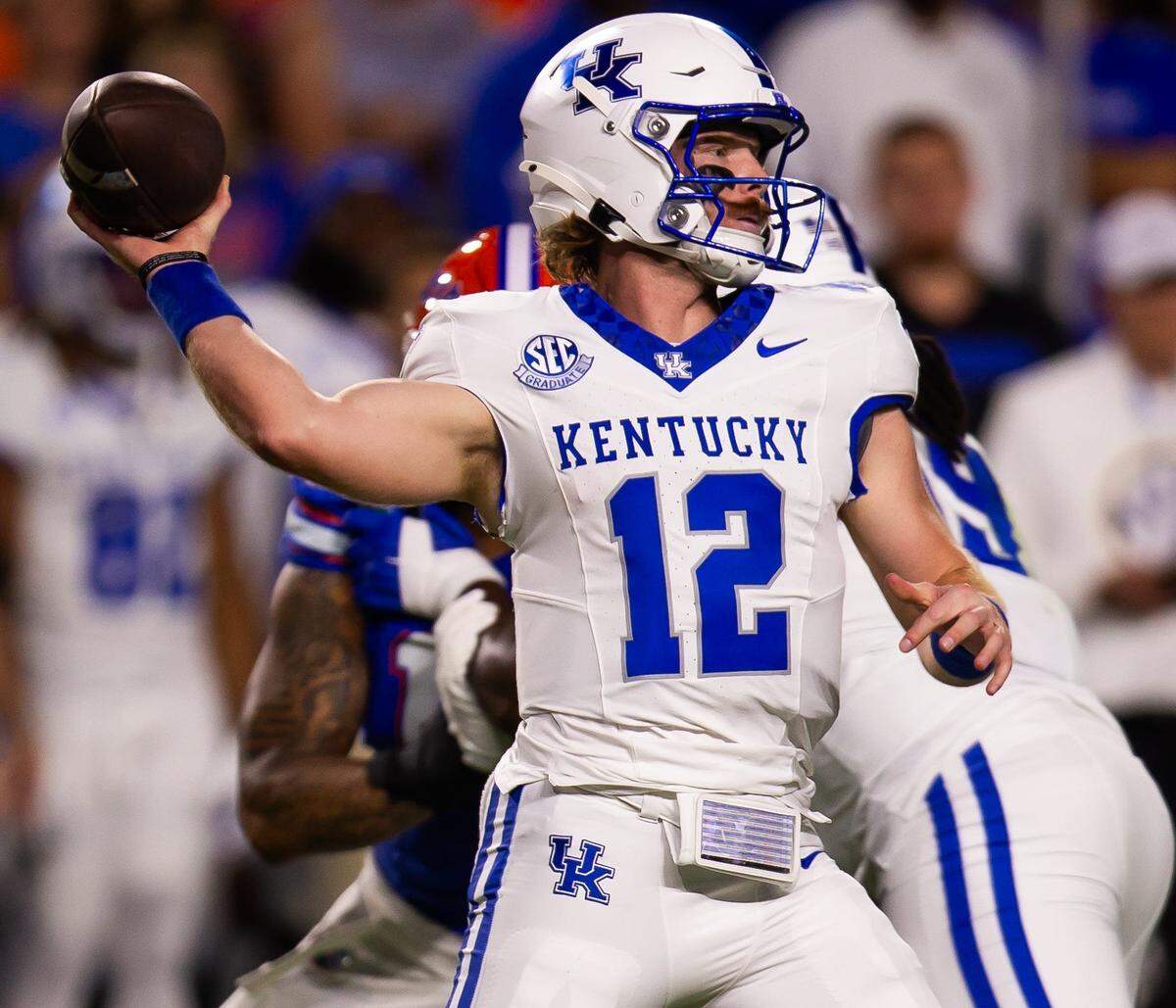 Kentucky Wildcats quarterback Brock Vandagriff (12) passes during the first half at Ben Hill Griffin Stadium in Gainesville, FL on Saturday, October 19, 2024 against the Kentucky Wildcats. [Doug Engle/Gainesville Sun]