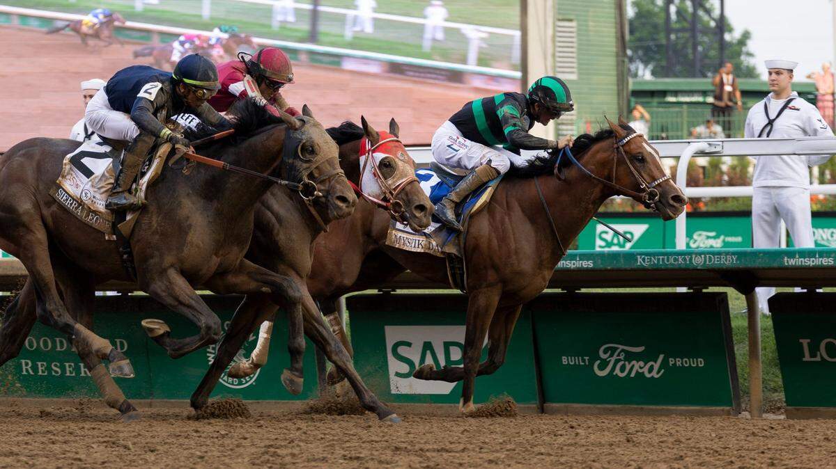 Mystik Dan with Brian Hernandez, Jr. up passes Sierra Leone with Tyler Gafflione up and Forever Young with Ryusei Sakai up to win the 150th running of the Kentucky Derby day at Churchill Downs in Louisville, Ky, Saturday, May 4, 2024.