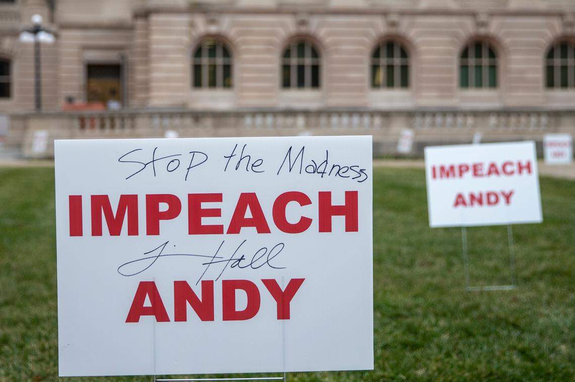 Signs calling for the impeachment of Kentucky Gov. Andy Beshear were placed on the lawn of the state Capitol in Frankfort, Ky., on Tuesday, Jan. 5, 2020.