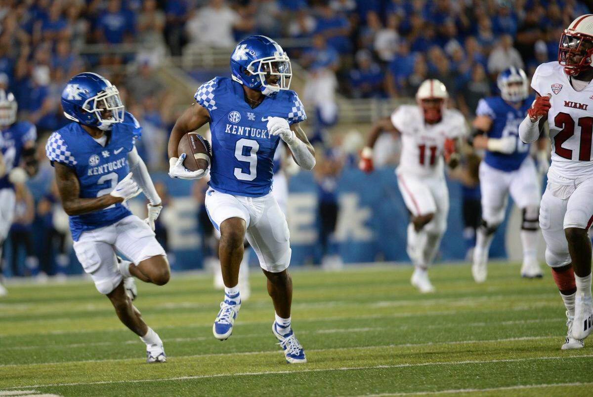 UK WR Tayvion Robinson runs after a catch during the University of Kentucky-Miami of Ohio football game at Kroger Field in Lexington, KY on Saturday, Sept.3, 2022.