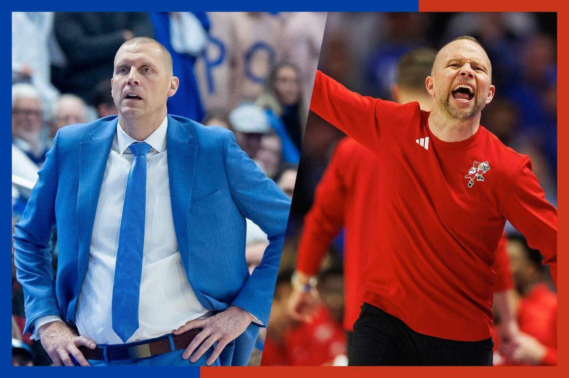 Kentucky basketball coach Mark Pope and Louisville basketball coach Pat Kelsey at the 2024 Battle of the Bluegrass game.