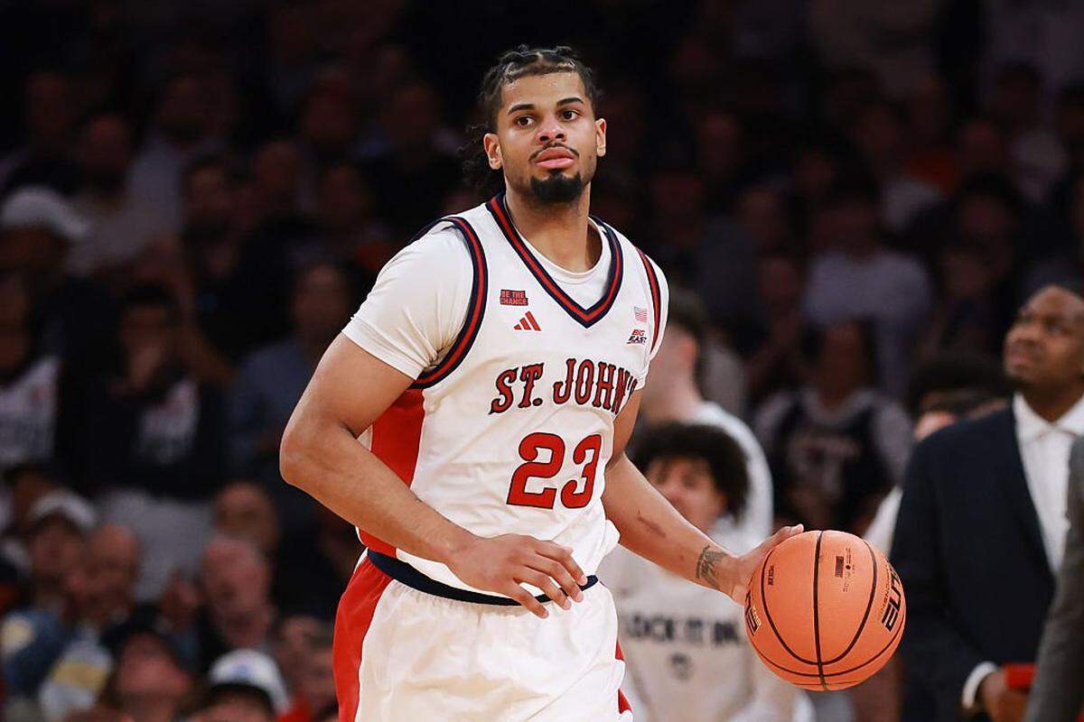 NEW YORK, NEW YORK - MARCH 14: Bryce Hopkins #23 of the St. John's Red Storm dribbles during the second half of the 2026 Big East Men's Tournament Championship game against the Connecticut Huskies at Madison Square Garden on March 14, 2026 in New York City. The Red Storm won 72-52. (Photo by Sarah Stier/Getty Images)