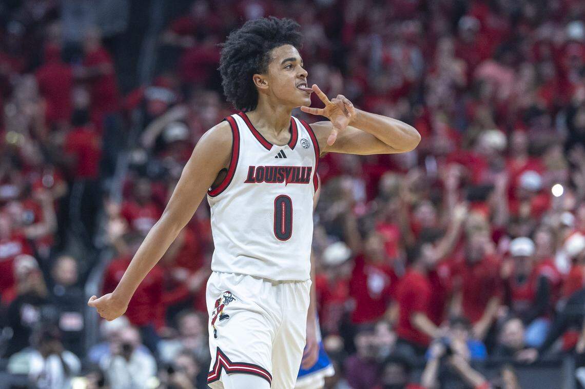 Louisville guard Mikel Brown Jr. celebrates after scoring a basket during Tuesday’s game against Kentucky at the KFC Yum Center in Louisville.