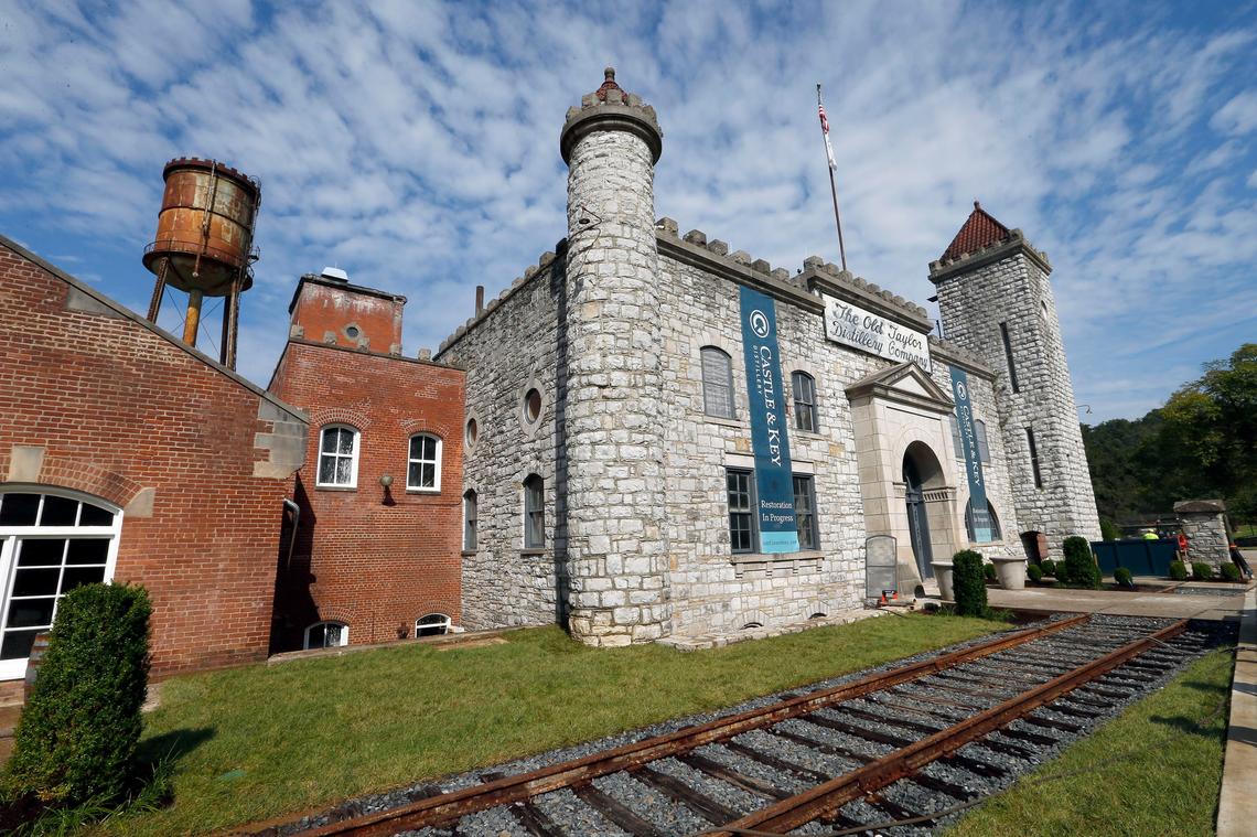 Railroad tracks that once served coal and grain cars were uncovered and preserved in front of what was the boiler room at the Castle & Key Distillery, 4445 McCracken Pike near Millville.  The distillery is opening to the public on Sept. 19 after four years of renovation to what was once the Old Taylor Distillery.