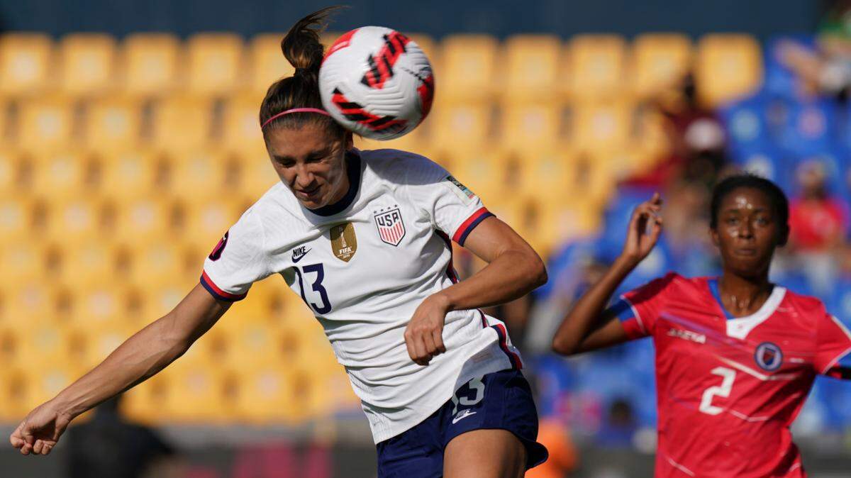 United States’ Alex Morgan goes for a header during a CONCACAF Women’Championship soccer match against Haiti in Monterrey, Mexico, Monday, July 4, 2022. (AP Photo/Fernando Llano)