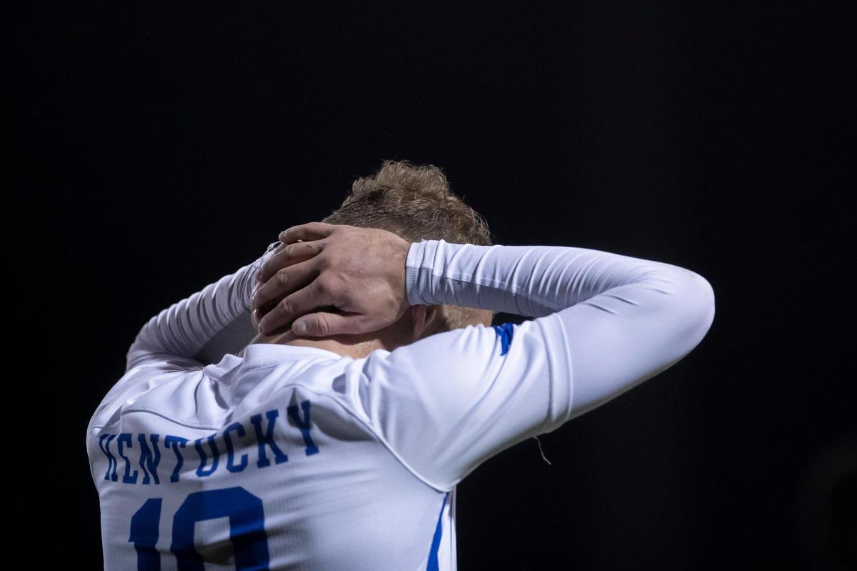 Kentucky midfielder Casper Grening (10) reacts after Pittsburgh scores a goal during Sunday night’s NCAA Tournament match in Lexington. The Wildcats were eliminated in the round of 16 for the third year in a row, this time as the tourney’s No. 1 overall seed.