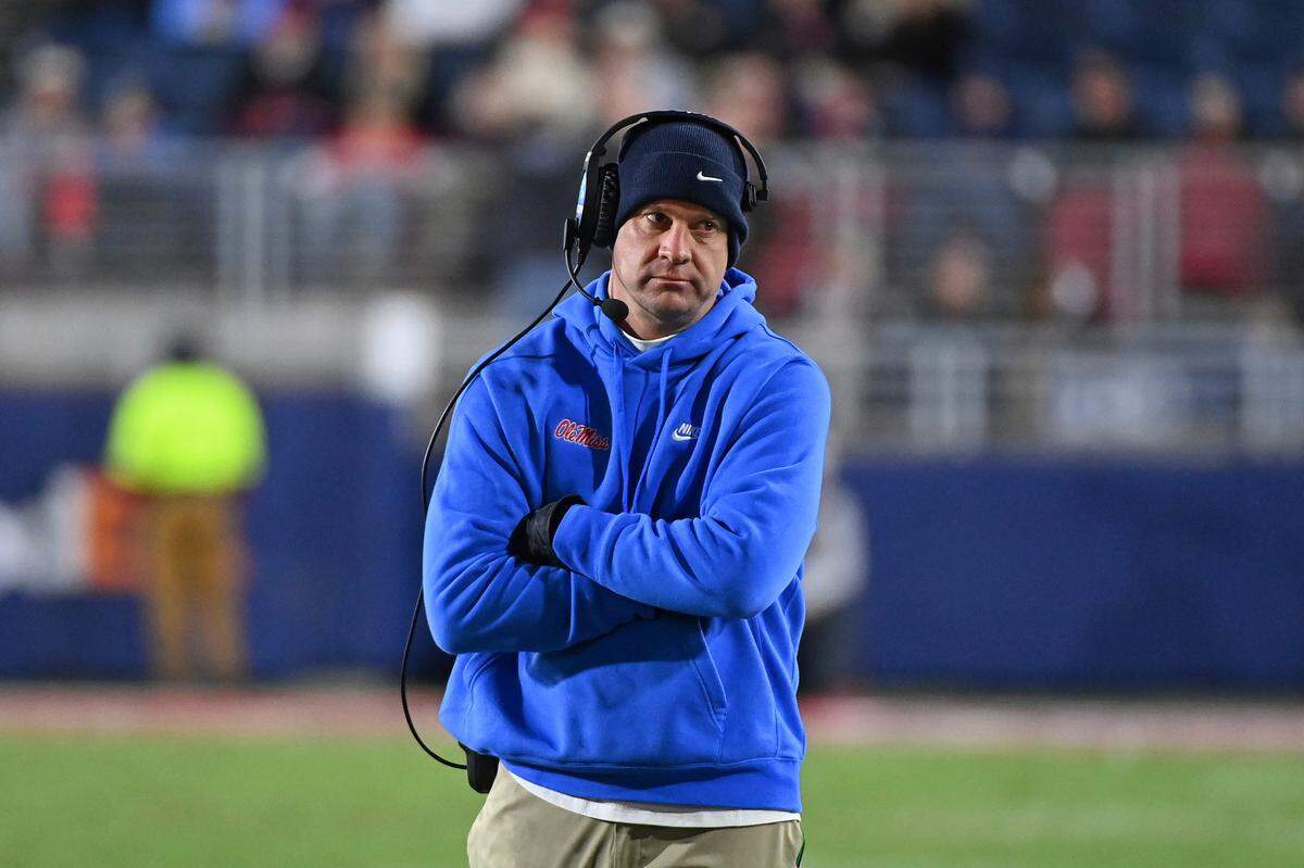 Mississippi head coach Lane Kiffin watches on during the second half of an NCAA college football game against Vanderbilt in Oxford, Miss., Saturday, Nov. 20, 2021. No. 10 Mississippi won 31-17. (AP Photo/Thomas Graning)