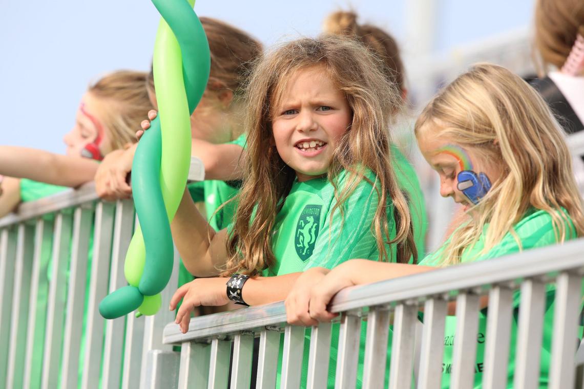 Young fans cheer on Lexington Sporting Club’s USL Super League team during the first match at LSC’s new stadium Sunday, which attracted a crowd of 3,946.