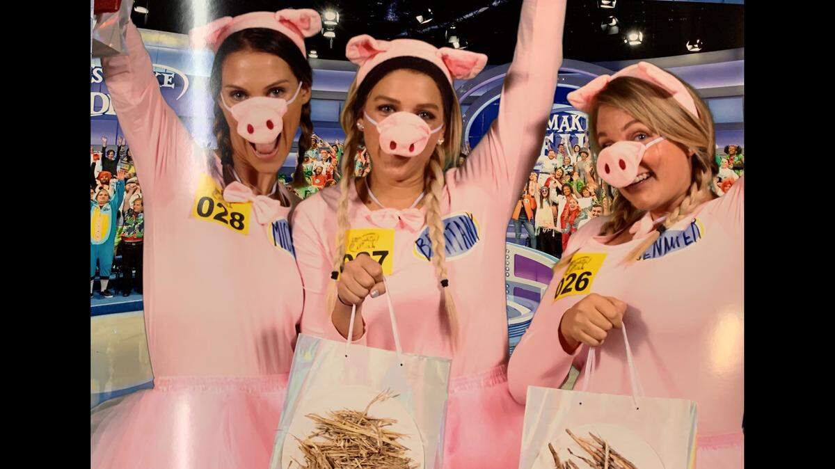 Michelle Raney (left) poses on the “Let’s Make a Deal” set with Brittany Hogg (center) and Jennifer Fowler (right). Raney won a car on the show.