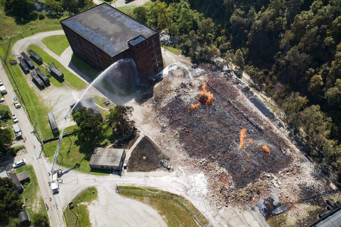 Fire crews battled a fire at a Jim Beam bourbon warehouse in Woodford County, Ky., Wednesday, July 3, 2019. The fire was started the night of July 2 by a lightning strike.