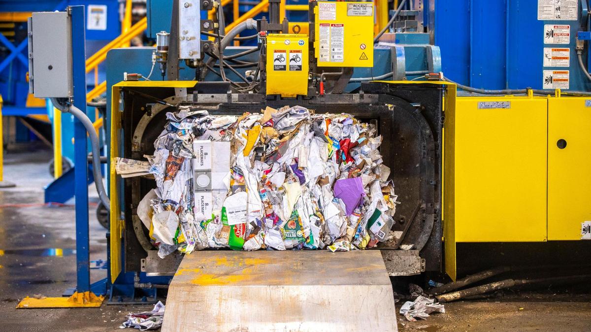 Fiber products, including paper, are baled at the Lexington Recycling Center in Lexington, Ky., on Thursday, April 7, 2022. Lexington began overhauling the recycling center in December to make it possible for the city to start processing paper again after suspending curbside paper recycling in May 2019.