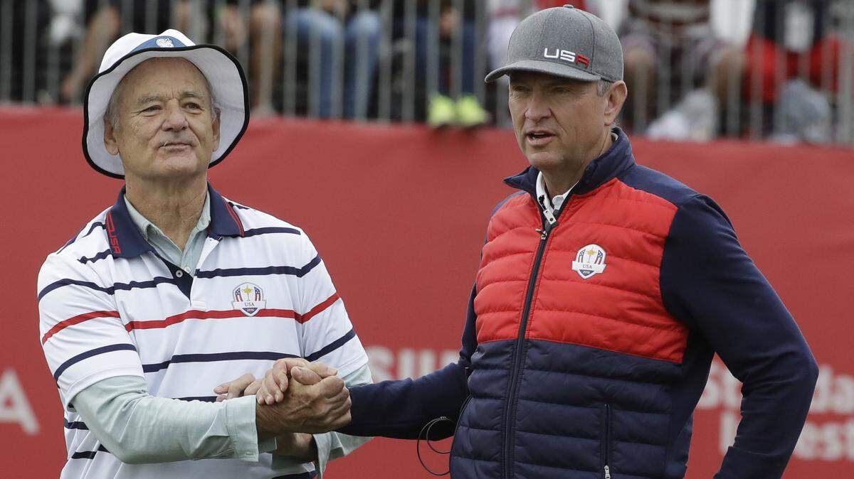 United States captain Davis Love III shook hands with Bill Murray during the celebrity match at the Ryder Cup golf tournament in 2016. Love will compete in the PGA Barbasol Championship in Nicholasville, July 19-22.