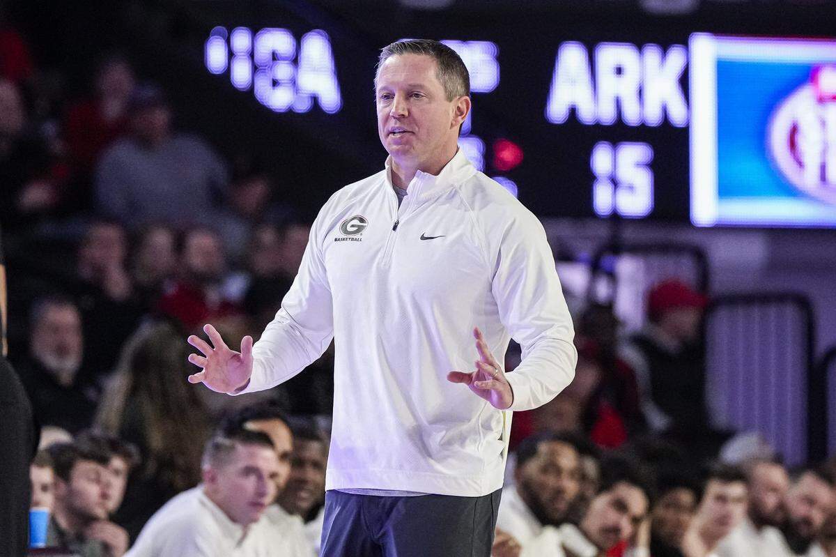 Jan 10, 2024; Athens, Georgia, USA; Georgia Bulldogs head coach Mike White reacts during Georgia’s win over the Arkansas Razorbacks at Stegeman Coliseum on Wednesday, Jan. 10, 2024. Dale Zanine-USA TODAY Sports