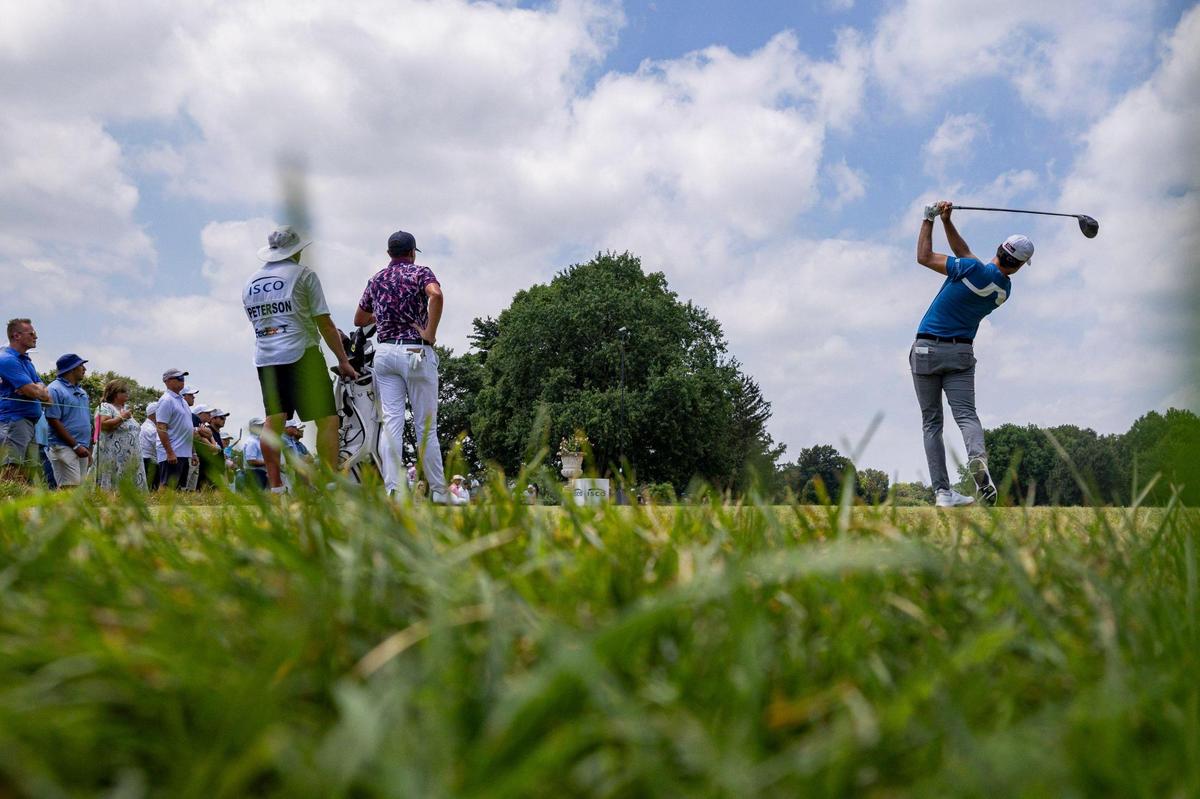 Kris Ventura hits his tee shot on the 3rd hole during the final round of the ISCO Championship on Sunday, July 13, 2025, at Hurstbourne Country Club in Louisville, Ky.