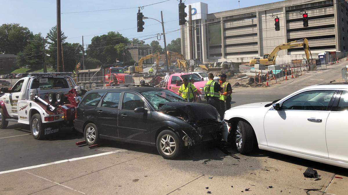 The driver of the black Ford Focus left the road and struck three cars in the Hyatt Regency valet roundabout, police said.
