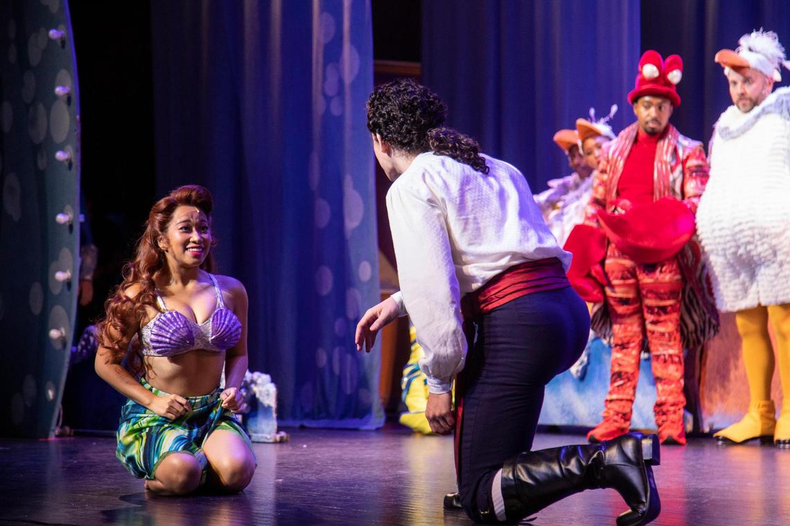 Teah M. Renzi (left) practices scenes as Ariel with Gonzalo Aburto De La Fuente (right) as Prince Eric for the Lexington Theatre Company’s production of “The Little Mermaid.”