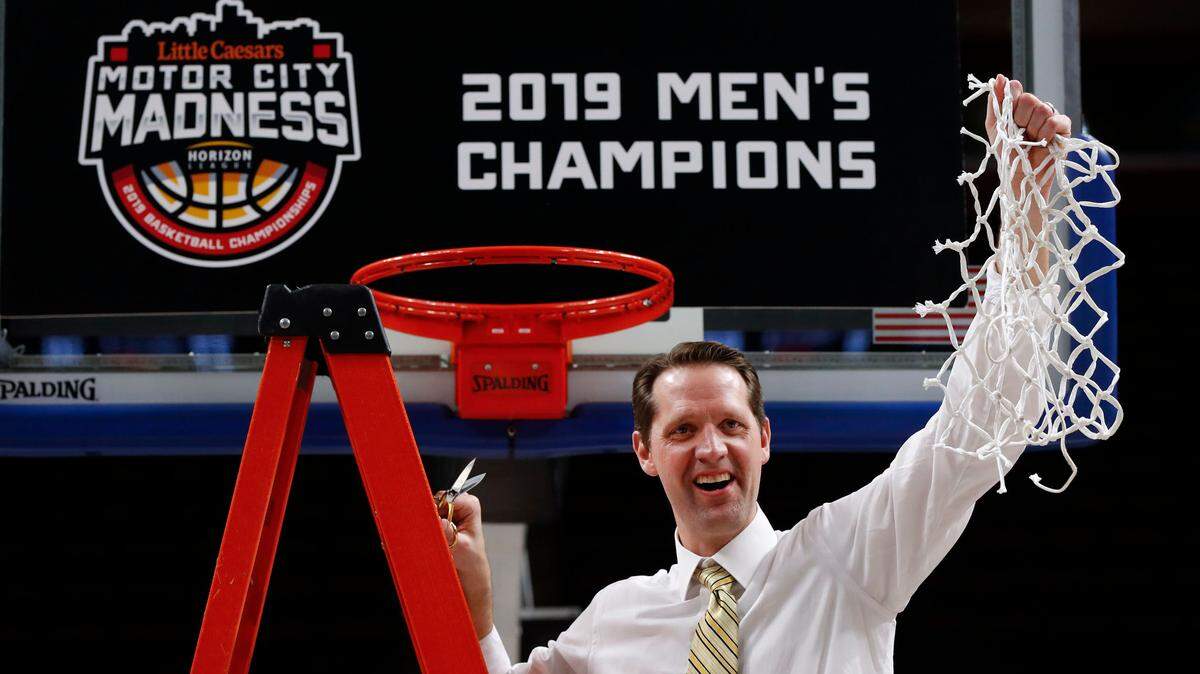 John Brannen celebrated after Northern Kentucky’s 77-66 win against Wright State in the Horizon League championship game in Detroit on March 12.