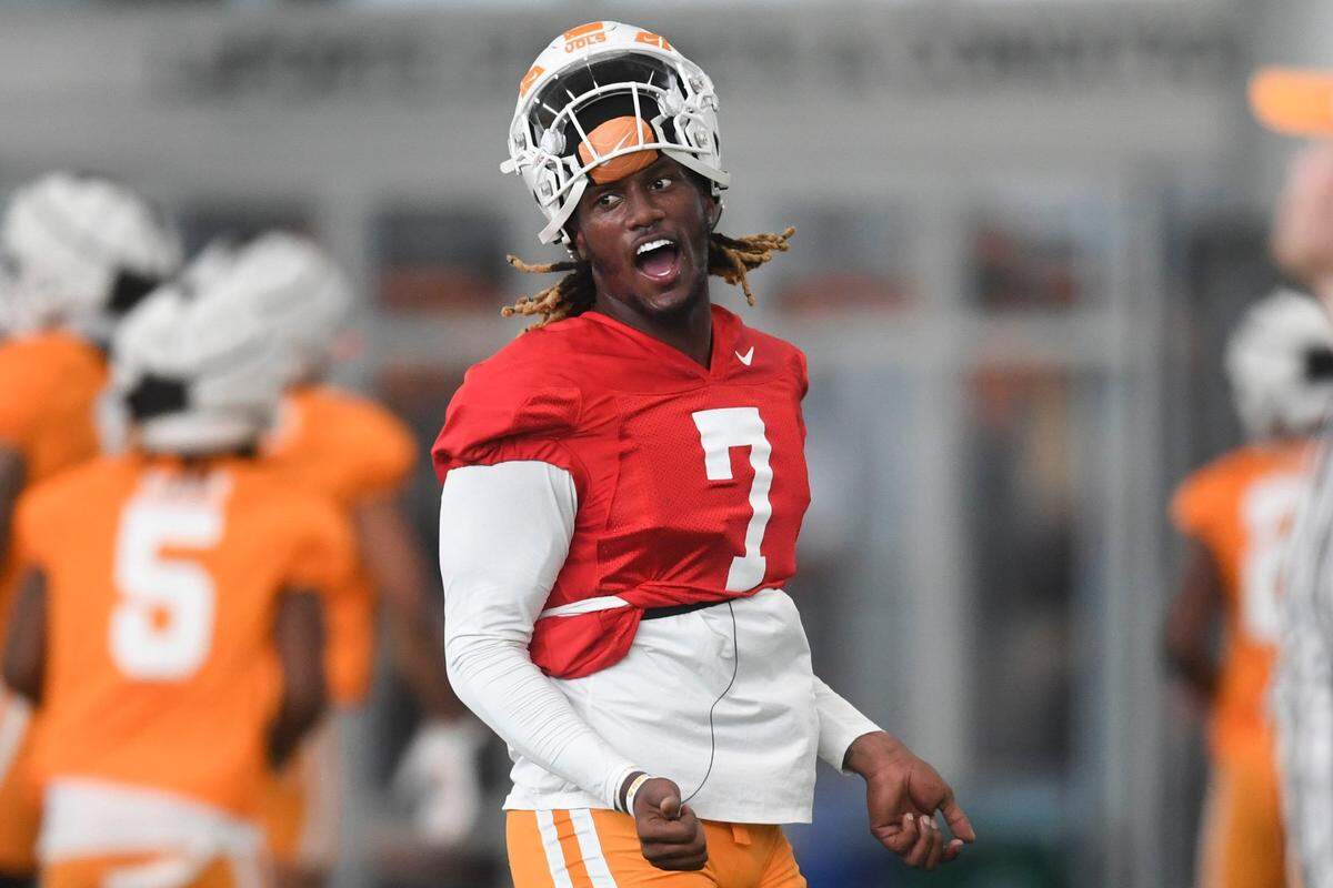 Tennessee quarterback Joe Milton participates in a drill during Tennessee Football’s first fall practice on Aug. 2.