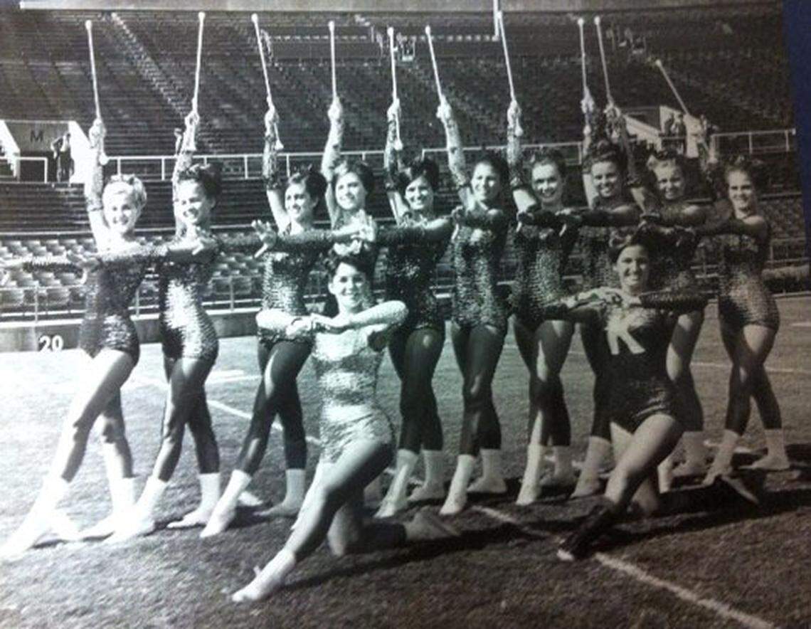 The 1968 University of Kentucky Sweetheart Majorettes are (left to right): Nancy Carter Walton, OH deceased; Sally Moore Barnhart, Lexington; Dee Hawkins Chavez, Morehead; Nancy Bowles, KY deceased;  Chris Carter Schultz, Louisa; Kathy Norris, KY; Debbie Castle Craft, Louisa; Frankie Bratton Jeffery, Scottsville; Lynda Williams Closson, Stanford; and Shana Turner Snook, Louisa. Front row, left to right, Cherie Hubbard Roeth, Bradford, Ohio and Joanne Windish Ingram, Harrisburg, Pennsylvania.