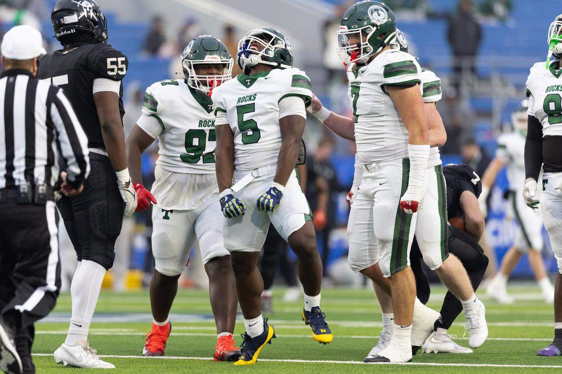 Trinity's Jayce Duvall (5) celebrates a play during the Class 6A UK Healthcare Sports Medicine State Football Finals Saturday, December 6th, 2025 at Kroger Field in Lexington KY