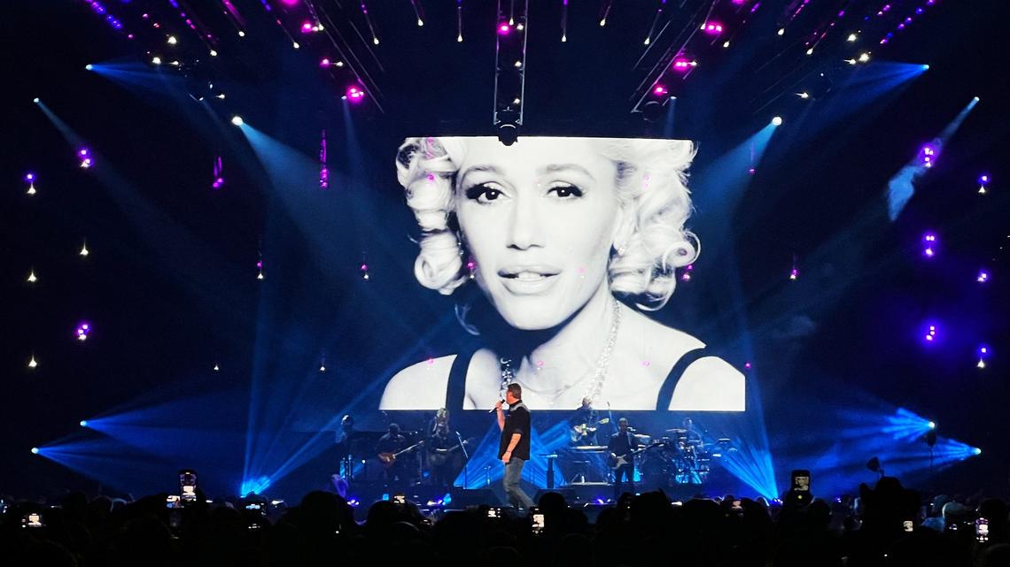 Blake Shelton performs a digital duet with his wife Gwen Stefani during the Blake Shelton Friends And Heroes 2025 tour at Rupp Arena on Feb. 27, 2025, in Lexington, Ky