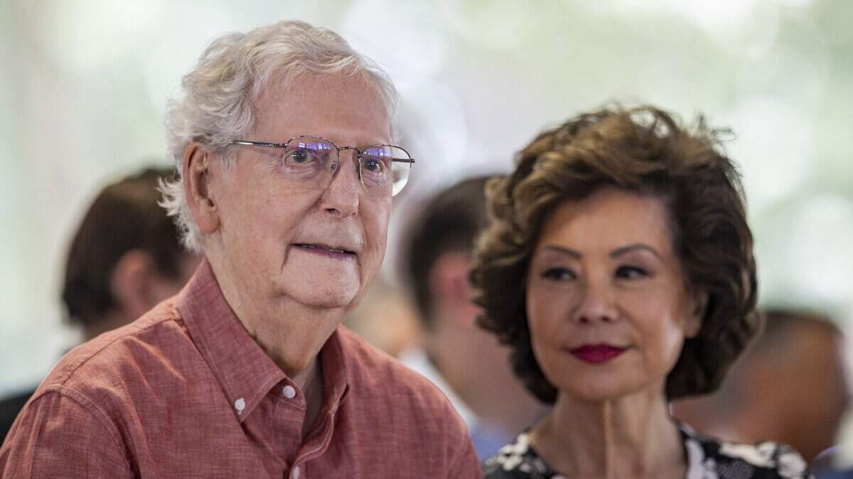 Mitch McConnell sits during Fancy Farm Picnic on Saturday, Aug. 2, 2025, at St. Jerome Church in Fancy Farm, Ky.