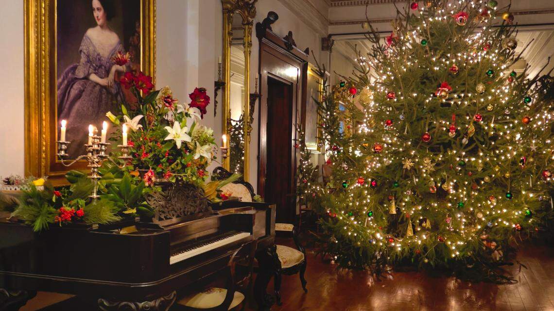 The 12,000-square-foot Ward Hall mansion is decorated for the holidays as it might have been in the 19th century.