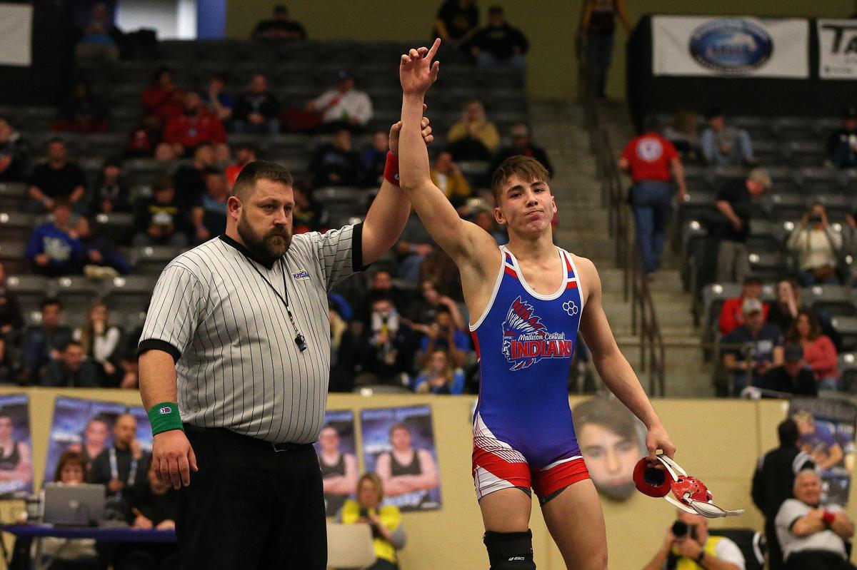 Madison Central’s Thomas Deck defeated Moore’s Charlie McKune to win the 132-pound title Saturday during the KHSAA State Wrestling Championships.