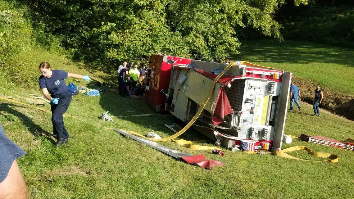 An Ohio firefighter was flown to a hospital following a rollover crash, officials say.