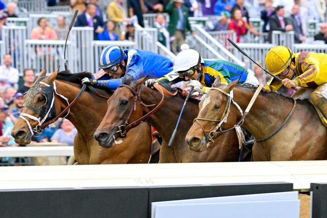 Malathaat, left, Blue Stripe, center, and Clairiere came in first, second and third in a photo finish in Saturday’s Breeders’ Cup Distaff at Keeneland.