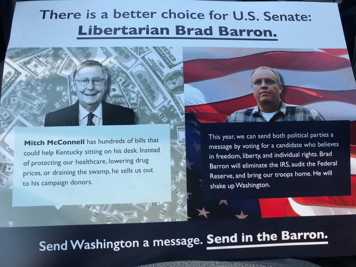 Fire Mitch, Save America, a PAC supporting Amy McGrath in November’s U.S. Senate election, sent a mailer encouraging people to support Libertarian candidate Brad Barron.