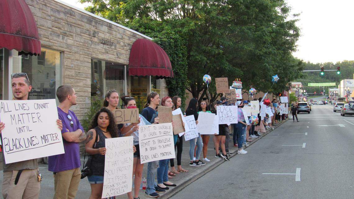 Demonstrators gathered in downtown Corbin, Ky., on June 5, 2020 to show support for racial justice after recent killings of black people by police in Louisville and Minneapolis.