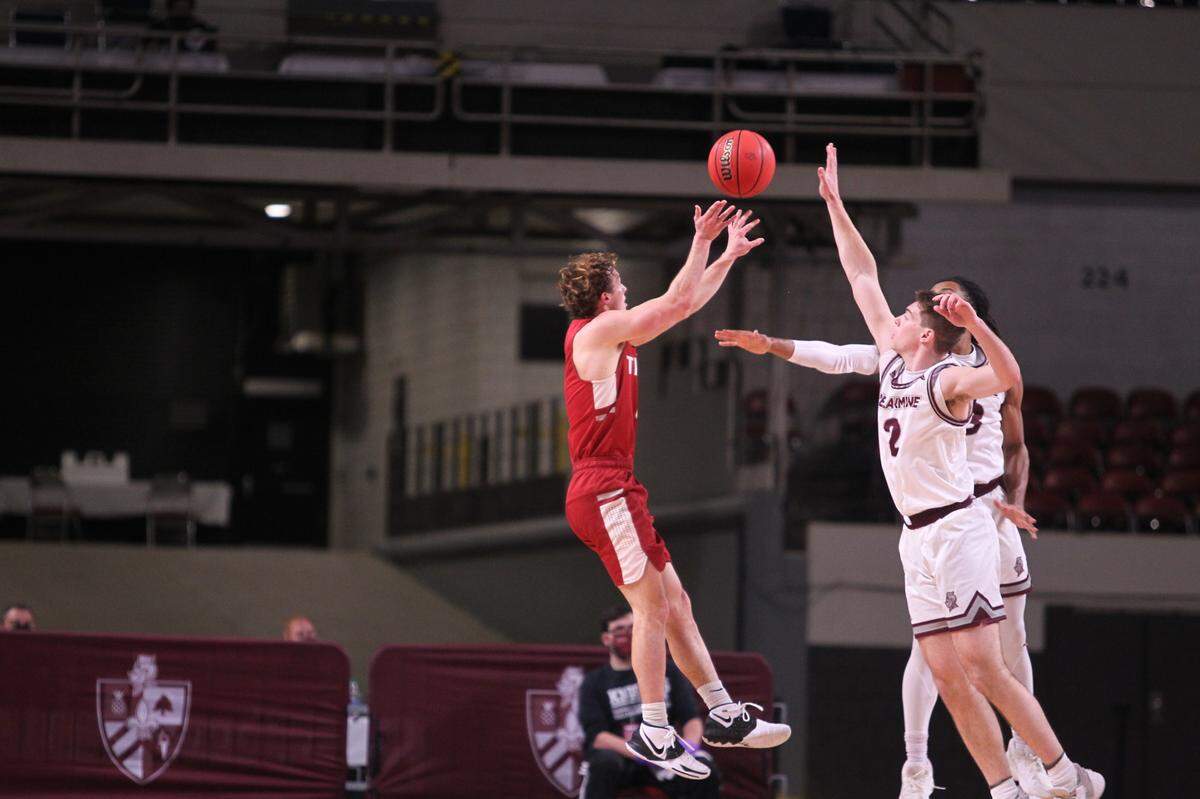 Transylvania’s Jack Patton took a shot against Bellarmine in January at Freedom Hall in Louisville. Patton and the Pioneers lost in the Heartland Collegiate Athletic Conference Tournament championship game last season at home to Franklin College.