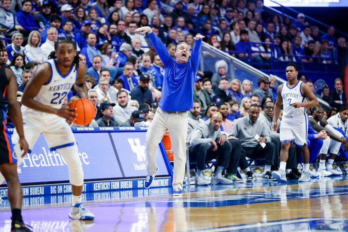 Kentucky head coach John Calipari yells to his players during Saturday’s game against Florida at Rupp Arena.