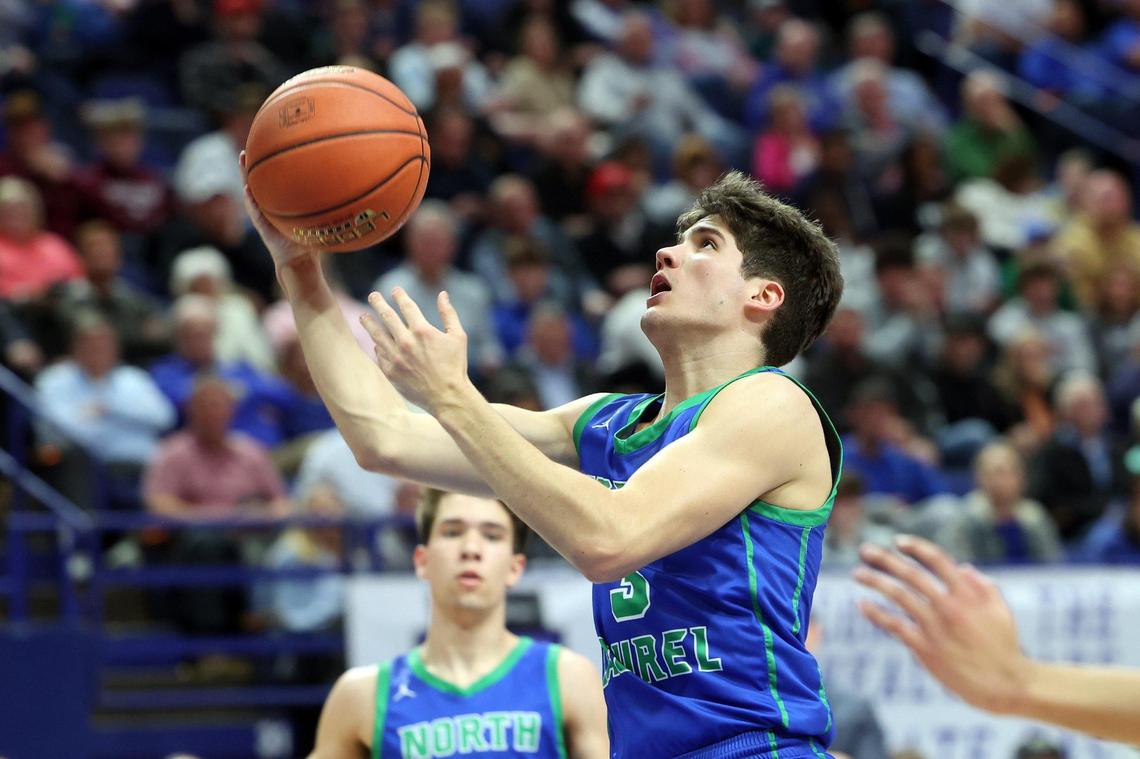 North Laurel’s Reed Sheppard takes a shot during a first-round game against George Rogers Clark in the Boys’ Sweet 16 on March 16.