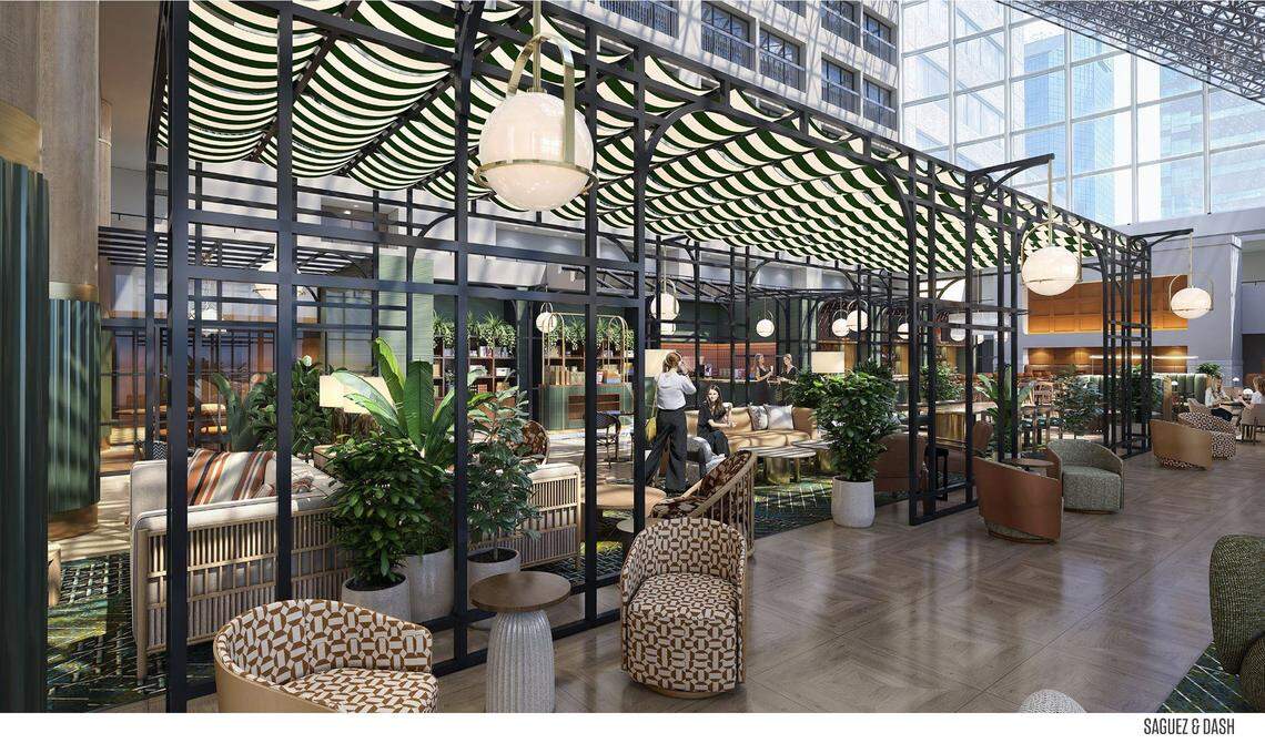 A rendering of the new restaurant and lobby space at the Hyatt at 401 W. High St. in Lexington, Ky.