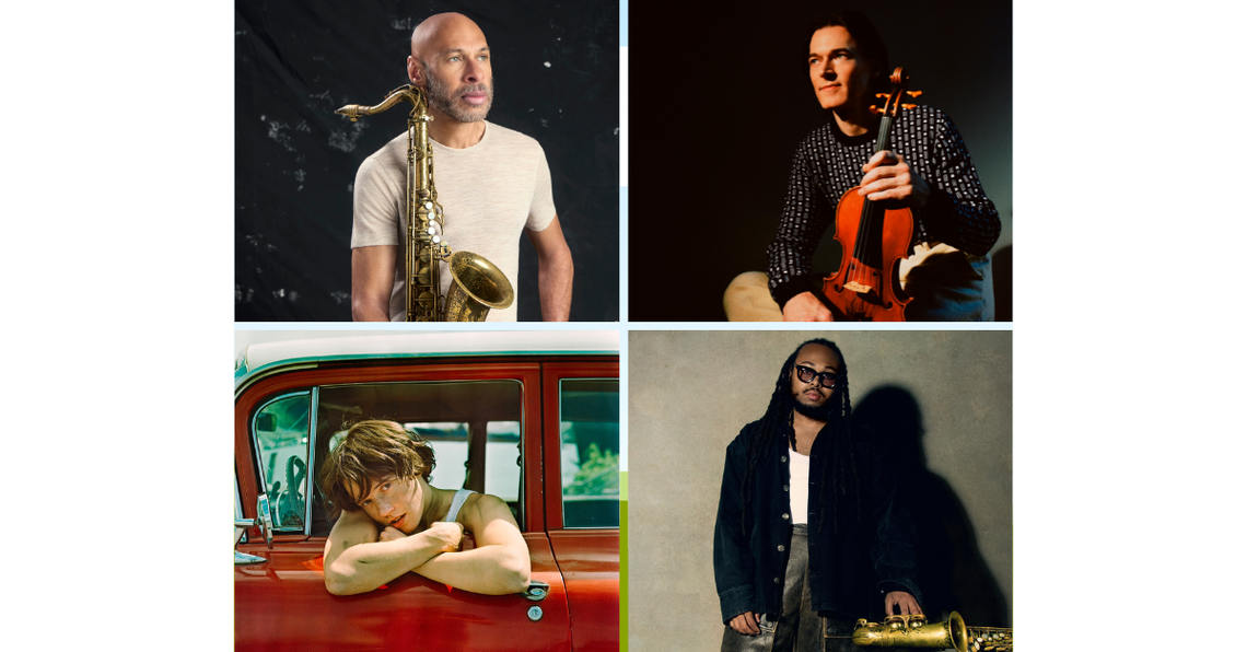 Clockwise from top left: Joshua Redman, Zach Brock, Immanuel Wilkins and Amelia Day are among the artists bringing live music performances to Lexington this winter.