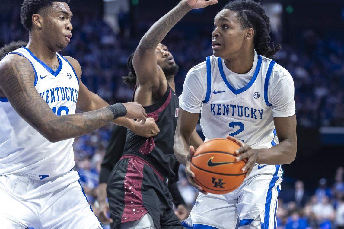 Kentucky basketball guard Jasper Johnson (2) has scored in double digits in two of his 10 games with the Wildcats.