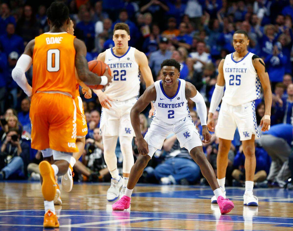 The point guard matchup between Kentucky’s Ashton Hagans (2) and Tennessee’s Jordan Bone (0) will be vital. In UK’s earlier victory over UT, Bone had 19 points and six assists, while Hagans had nine points, seven assists and two steals.