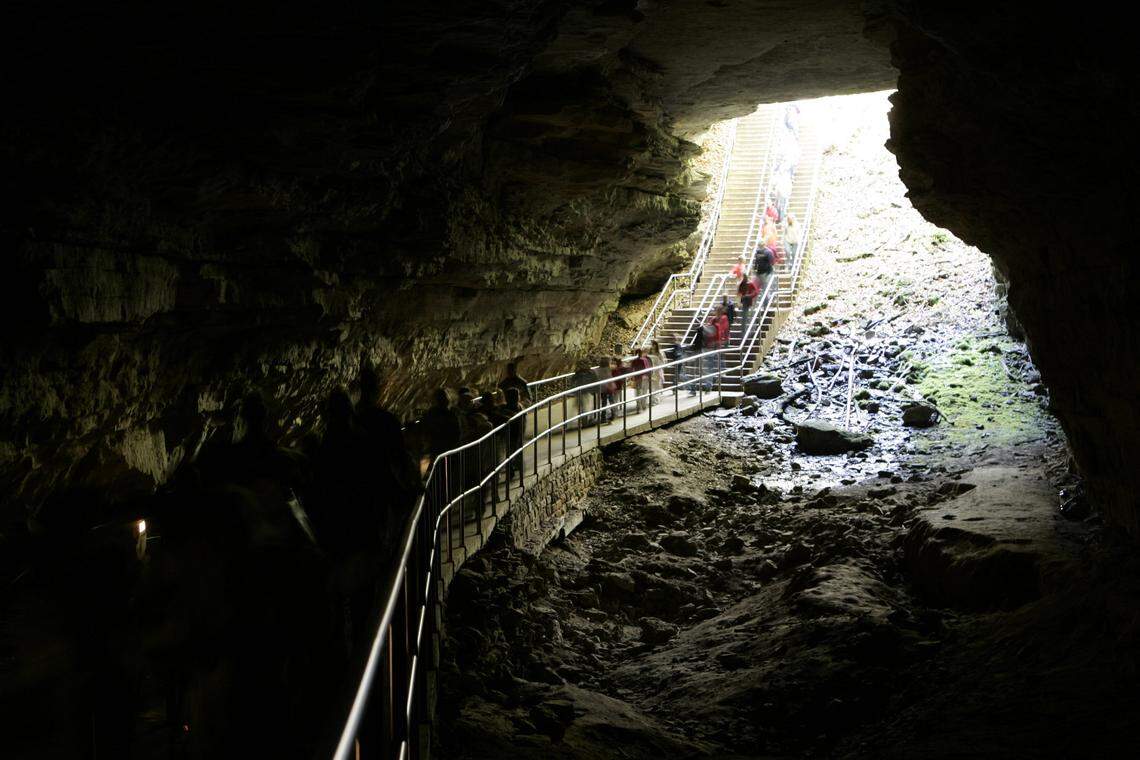 A tour walked into the Natural Entrance, also known as the Historic Entrance, to begin their trek at Mammoth Cave National Park near Cave City, Ky., on Wednesday, November 2, 2005. David Stephenson/Staff. Keyword: Dr. Thomas D. Clark’s list of Kentucky Top Ten places