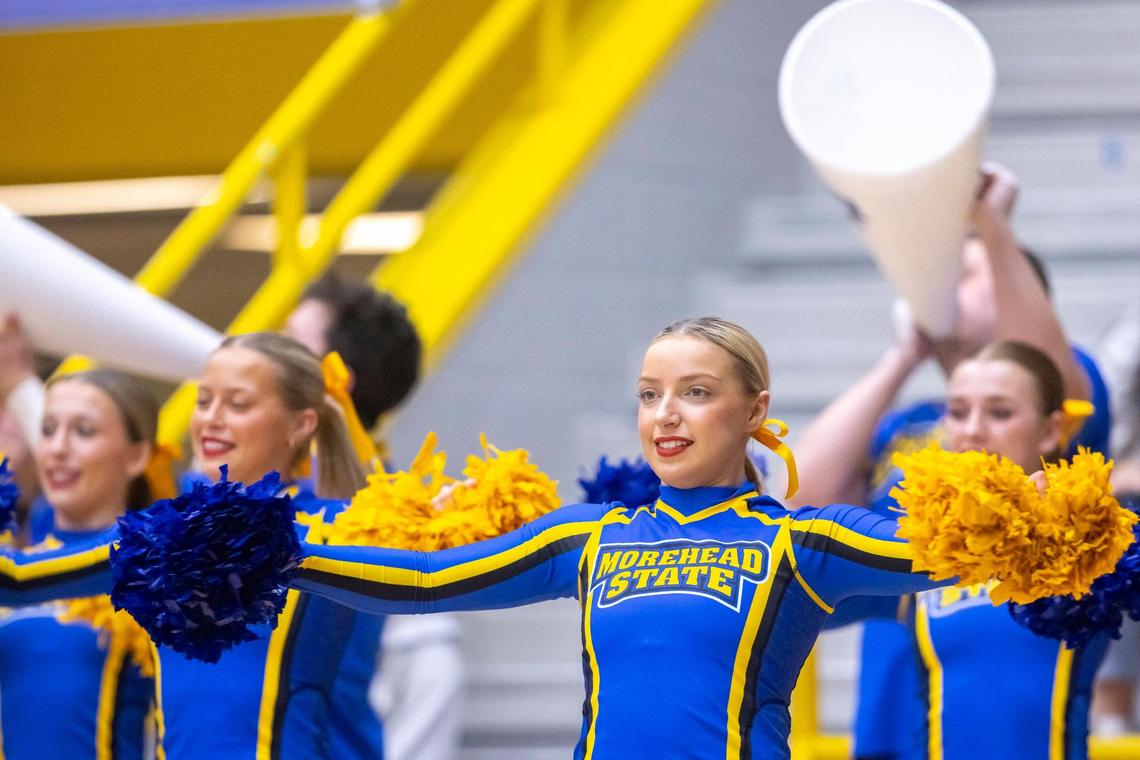 Morehead State cheerleaders perform during a men’s basketball game against Southeast Missouri State at Johnson Arena in Morehead on Feb. 29.